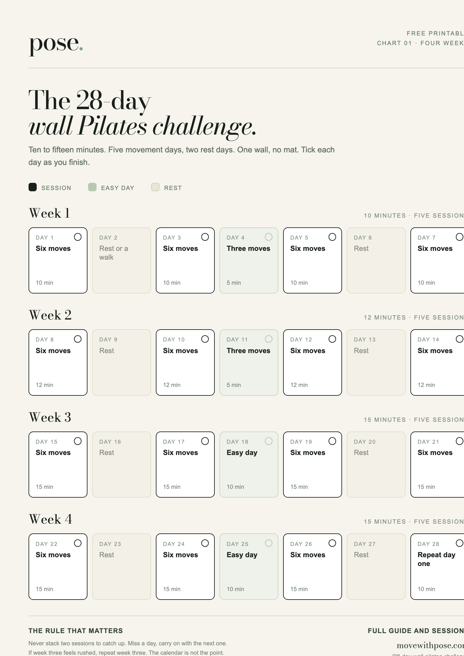 Preview of the printable 28-day wall Pilates chart